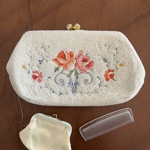 Magid White Beaded Clutch with Floral Accents Handmade in France